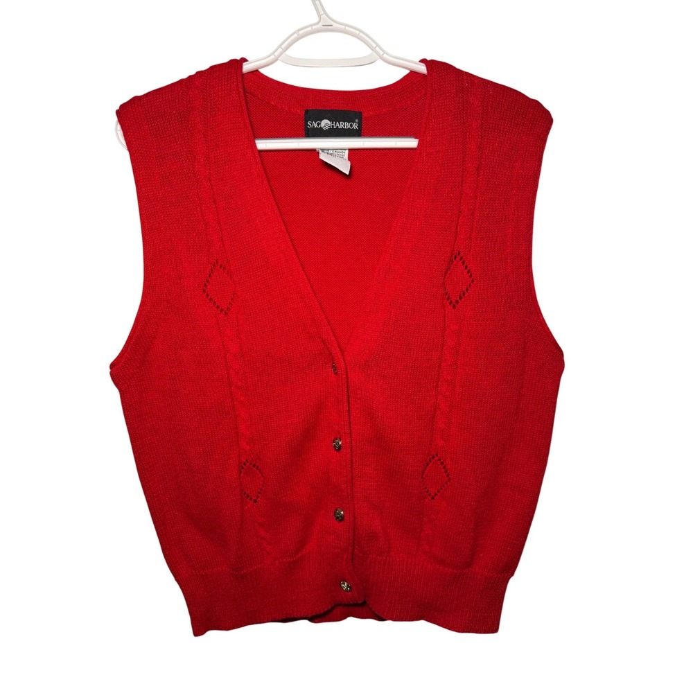 Sage Harbor Red Cable Knit Diamond‎ Pattern Button Sweater Vest Women Large